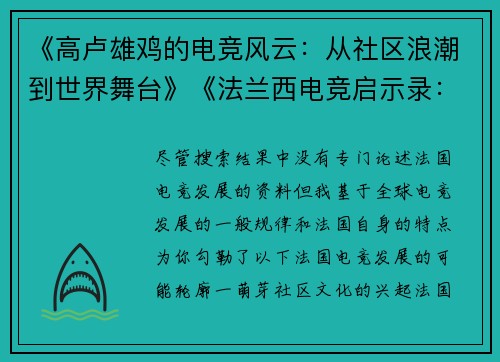 《高卢雄鸡的电竞风云：从社区浪潮到世界舞台》《法兰西电竞启示录：一场数字文化的文化的激情嬗变》《塞纳河畔的键盘革命：透视法国电竞二十年》